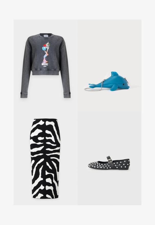Mørkegrå Moschino cropped sweatshirt med grafik af kvinde, der balancerer en globus, hjerte, fredssymbol og blomster, med teksten Moschino Jeans nedenunder.; Sort-hvid zebra print blyantnederdel med høj talje og knælængde på ensfarvet baggrund.; Sorte læder flade sko med rund tå, prydet med sølvnitter i et prikket mønster og en spænde rem over vristen.; Blå pung formet som en delfin med sølv kæderem liggende på en hvid overflade, med lille sort øje detalje og mærkenavn på finn.