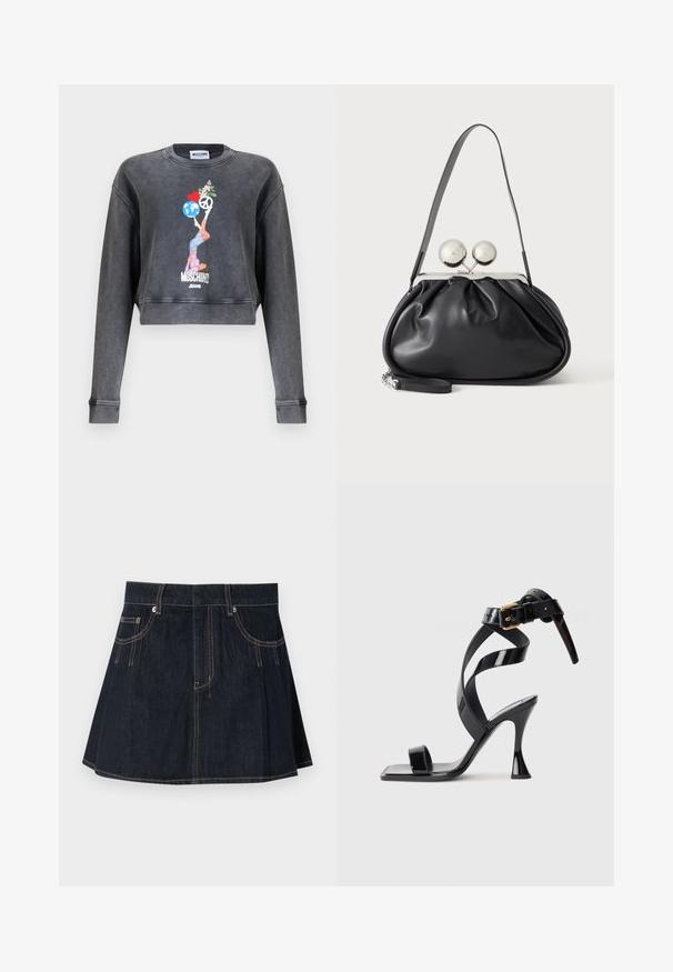Tmavosivá skrátená mikina Moschino s grafikou ženy balansujúcej guľu, srdce, symbol mieru a kvety, s textom Moschino Jeans pod obrázkom.; Džínová sukňa v tmavomodrej farbe, s rozšíreným strihom, pútkami na opasok, prednými vreckami a kontrastným prešívaním pozdĺž švov.; Čierne lakované sandále na vysokom podpätku so štvorcovou špičkou, popruhom okolo členka a zlatou pribinou na bielom pozadí.; Čierna kožená kabelka so zhlukovým dizajnom, jedným popruhom, strieborným kovovým rámom a dvoma veľkými okrúhlymi striebornými zapínaniami.