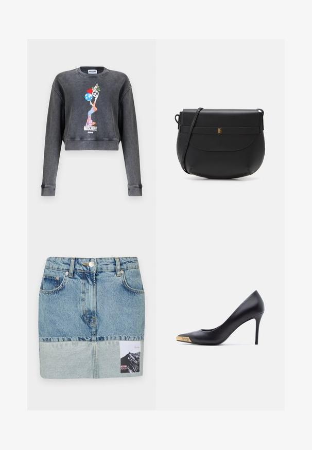 Tmavosivá skrátená mikina Moschino s grafikou ženy balansujúcej guľu, srdce, symbol mieru a kvety, s textom Moschino Jeans pod obrázkom.; Džínová mini sukňa s prechodom modrej farby, dizajnom s piatimi vreckami, striebornými detailmi a potlačenou nálepkou s grafikou hory.; Čierna kožená lodička na vysokom opätku so zúženou špičkou, zlatým kovovým zakončením s vyrytým nápisom "Versace Jeans Couture", zobrazená z profilu na bielom pozadí.; Čierna kožená crossbody kabelka s guľatým tvarom, minimalistickým dizajnom, klopovým zapínaním a zlatým detailom v strede.
