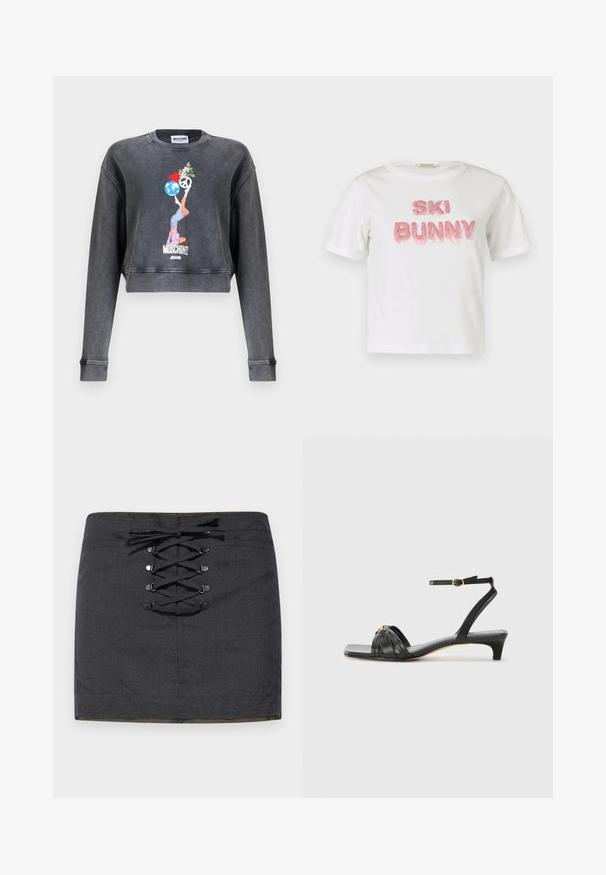 Mørkegrå Moschino cropped sweatshirt med grafik af kvinde, der balancerer en globus, hjerte, fredssymbol og blomster, med teksten Moschino Jeans nedenunder.; Hvid bomulds-t-shirt med "SKI BUNNY" i hævet pink plys-tekst. Kortærmet og med rund hals.; Mørkegrå mini nederdel med snøredetalje foran og metallhardware. Glat tekstur, tætsiddende pasform og mid-rise talje.; Sorte lædersandal med firkantet tå, vævet remdesign, ankelrem med gyldent hardware og en lav, spidset hæl.