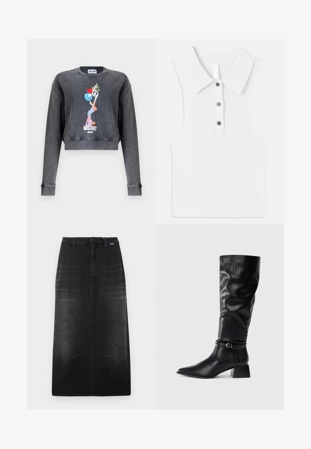 Sweatshirt Moschino court gris foncé avec un graphique représentant une femme équilibrant un globe, un cœur, un symbole de paix et des fleurs, avec le texte Moschino Jeans en dessous.; Haut blanc sans manches avec une texture côtelée, doté d'un col classique et d'une patte de boutonnage à trois boutons avec des boutons contrastants.; Jupe midi en denim noir avec passants de ceinture, couture frontale et texture subtilement délavée.; Bottine en cuir noire mi-mollet avec un petit talon carré, bout pointu et une sangle décorative à la cheville avec une boucle en argent sur fond uni.
