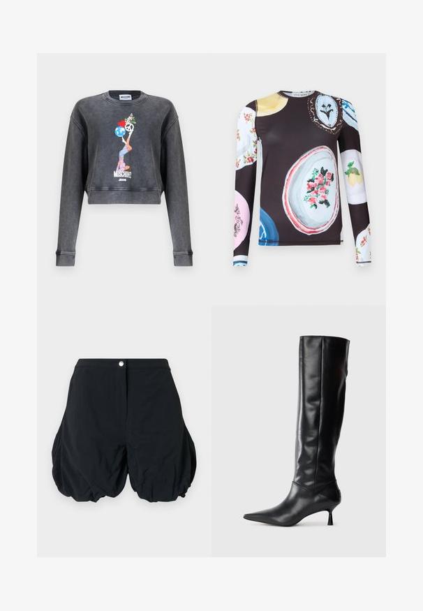 Tamnosiva kratka Moschino majica s grafikonom žene koja balansira globus, srce, simbol mira i cvijeće, s natpisom Moschino Jeans ispod.; Košulja s dugim rukavima tamne podloge, s raznobojnim oslikanim pločama koje prikazuju motive cvijeća i voća na prednjem dijelu i rukavima.; Crne kratke hlače od lagane tkanine, s naboranim dizajnom, kopčanjem na gumb i zaobljenim rubovima.; Crna kožna čizma do koljena s oštrim vrhom i uskim zakrivljenim petama. Glatka tekstura, prilagođeni dizajn i bez vidljivih dodataka ili uzoraka.