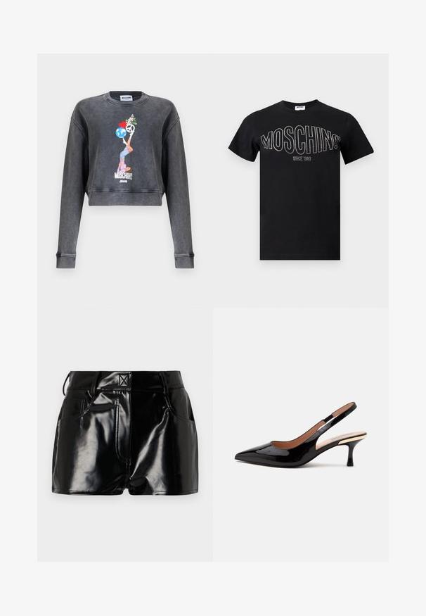 Tumehall Moschino lühike pusa naise graafikaga, kes tasakaalustab maailma, südant, rahusümbolit ja lilli, allservas Moschino Jeans tekst.; Mustast puuvillast T-särk ümarate kaeluse ja lühikeste varrukatega. Rinnal on rhinestone-dega „MOSCHINO” ning altpoolt „SINCE 1983”.; Mustad, läikivad lühikesed püksid sünteetilisest materjalist. Omab kitsast piha, vöölõike ja esimesi taskuid, millel on silmapaistvad õmbluse detailid.; Mustast lakknahast slingback-kingad terava ninaga ja madala kassi kontsaga valgel taustal.