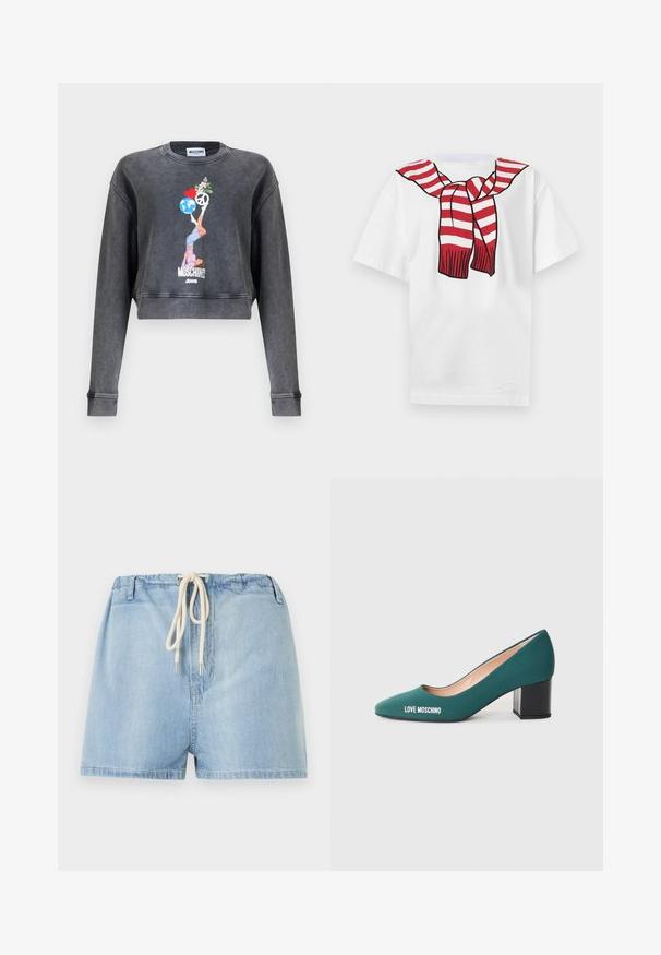 Dunkelgrauer Moschino kurz geschnittener Pullover mit Grafik einer Frau, die einen Globus, ein Herz, ein Friedenssymbol und Blumen balanciert, darunter der Schriftzug Moschino Jeans.; Weißes T-Shirt mit kurzen Ärmeln, vorne mit einem bedruckten rot-weiß gestreiften Schal, der um den Hals gebunden ist.; Hellblaue Jeansshorts mit elastischem Bund und weißem Kordelzug, vorderen Gürtelschlaufen und einem schlichten Saum.; Grüner Stoff High Heel Schuh mit spitzem Zeh, einem klobigen schwarzen Absatz und "LOVE MOSCHINO" in Weiß auf der Seite bedruckt.