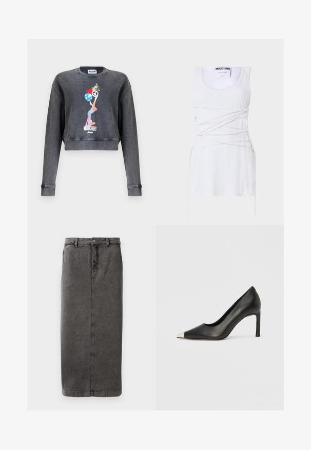 Mørkegrå Moschino cropped sweatshirt med grafik af kvinde, der balancerer en globus, hjerte, fredssymbol og blomster, med teksten Moschino Jeans nedenunder.; Hvid ribbet tanktop med krydsende snøring, der har en rund hals og en lige kant. Mærke: Moschino Couture.; Grå, bomuldsblandet nederdel med en lige silhuet, knap- og lynlåslukning, bæltestropper og en enkelt baglomme.; Sort læder højhælet sko med spids tå og metal-sølv hætte. Har en glat finish og en slank hæl på 10 cm.