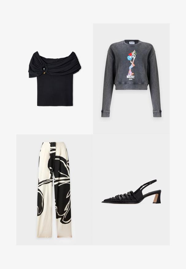 Sweatshirt Moschino court gris foncé avec un graphique représentant une femme équilibrant un globe, un cœur, un symbole de paix et des fleurs, avec le texte Moschino Jeans en dessous.; Haut noir à épaules dénudées en matière texturée, avec une section froncée et des détails de boutons décoratifs. Design lisse et ajusté.; Pantalon ample noir et blanc avec un imprimé floral abstrait audacieux, taille haute et jambes droites larges.; Escarpin slingback noir en cuir avec bout pointu, plusieurs brides à l'avant, une boucle ajustable à la cheville et un talon carré.