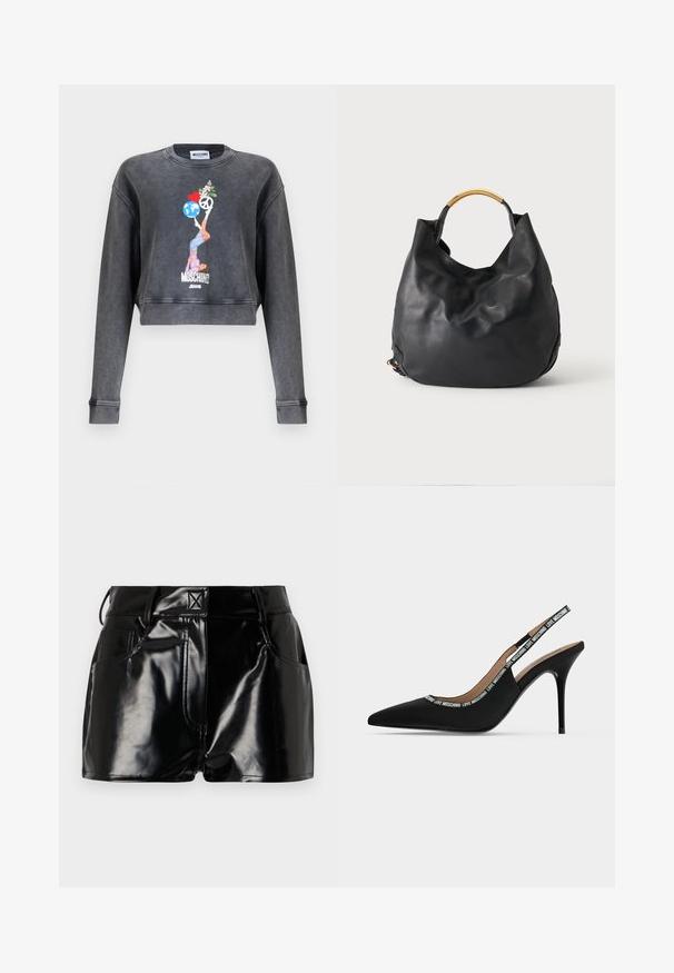 Sudadera corta gris oscuro de Moschino con gráfico de mujer equilibrando un globo terráqueo, un corazón, un símbolo de paz y flores, con el texto Moschino Jeans debajo.; Shorts negros y brillantes de material sintético. Presentan una cintura ajustada, trabillas para el cinturón y bolsillos frontales con detalles de costura prominentes.; Zapato negro de tacón alto tipo slingback con punta puntiaguda, tacón de aguja fino y texto "LOVE MOSCHINO" en la correa y el borde.; Bolso de mano de cuero negro con asa metálica dorada curvada, diseño holgado y base redondeada sobre un fondo claro y liso.