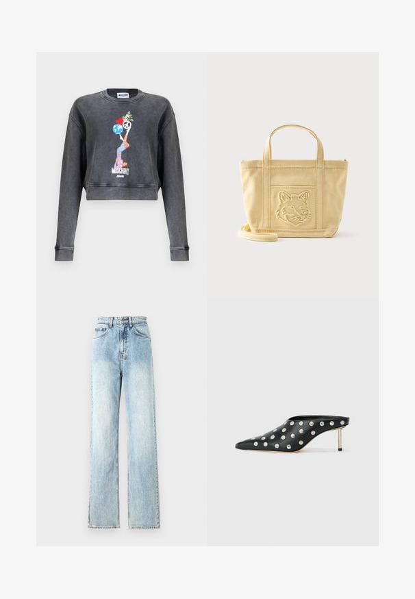 Mørkegrå Moschino cropped sweatshirt med grafik af kvinde, der balancerer en globus, hjerte, fredssymbol og blomster, med teksten Moschino Jeans nedenunder.; Lysblå denim wide-leg jeans med høj talje, med slidte områder, kontrastsyninger og rå kanter ved kanten.; STAND STUDIO KELSEY - Mules med hæl - black; Beige lærredsnettaske med korte håndtag, en aftagelig skulderrem og et broderet rævehoved på frontlommen.