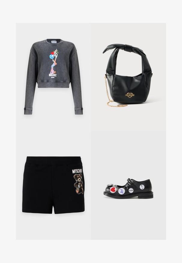 Sudadera corta gris oscuro de Moschino con gráfico de mujer equilibrando un globo terráqueo, un corazón, un símbolo de paz y flores, con el texto Moschino Jeans debajo.; Pantalones cortos de algodón negro con un gráfico de un oso y parches de colores. La cinturilla es elástica para mayor comodidad y un ajuste casual.; Zapato Mary Jane de cuero negro con una correa y hebilla, que presenta varios adhesivos redondos en acentos rojos, azules y blancos. Diseño de suela plana.; Bolso Love Moschino de piel negra suave con asa anudada y correa de cadena dorada sobre fondo blanco.