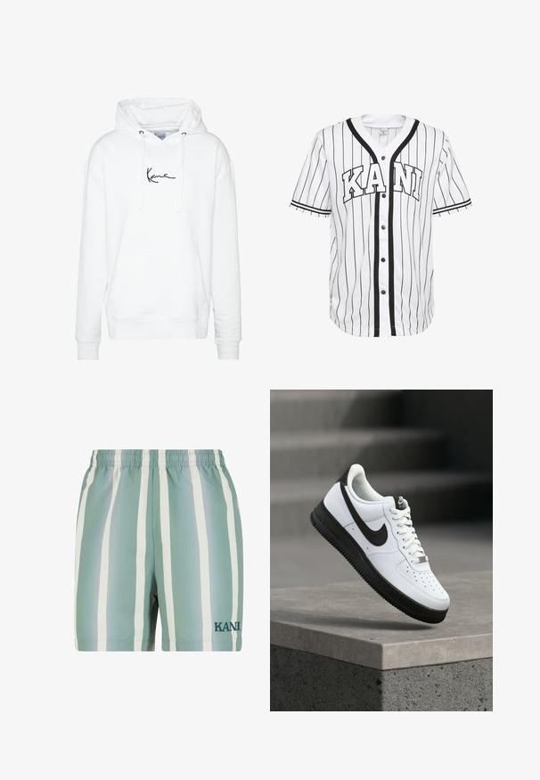 Sudadera blanca hecha de un tejido suave, con un bolsillo frontal y un logo negro en el pecho, capucha ajustable con cordón.; Camisa de béisbol blanca de manga corta con rayas negras, que presenta un cierre frontal de botones y la palabra "KANI" exhibida de forma destacada en letras negras.; Bañadores de color verde menta con rayas verticales blancas. Cuentan con una cintura elástica y un logo bordado de 'KANI' en verde oscuro. Textura suave.; Zapatilla deportiva de cuero blanco con detalles en negro, punta redondeada y detalles perforados. Suela de goma negra con patrón texturizado y cierre de cordones.