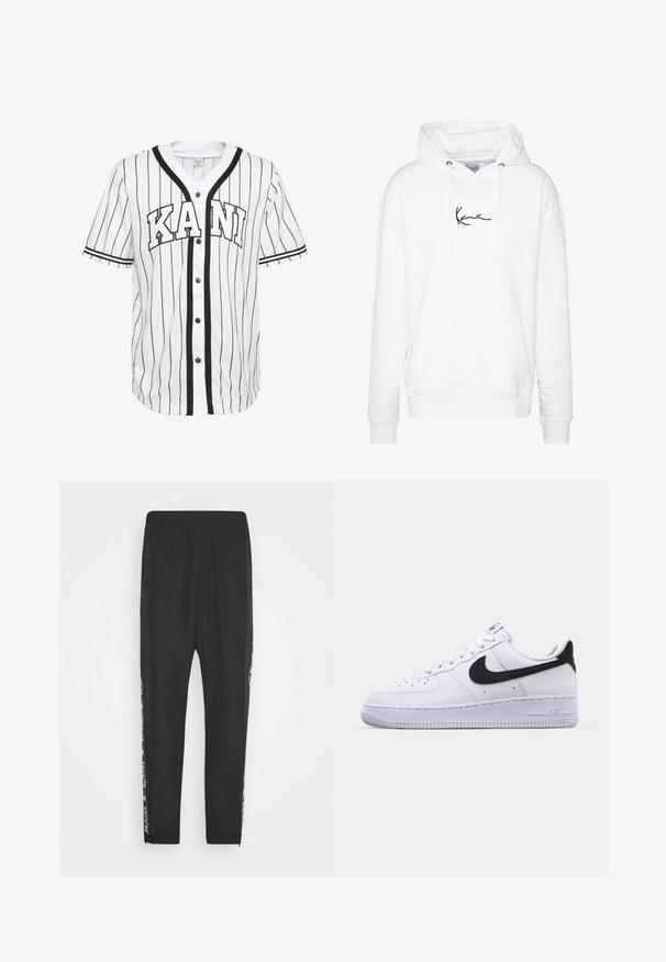 Sudadera blanca hecha de un tejido suave, con un bolsillo frontal y un logo negro en el pecho, capucha ajustable con cordón.; Camisa de béisbol blanca de manga corta con rayas negras, que presenta un cierre frontal de botones y la palabra "KANI" exhibida de forma destacada en letras negras.; Pantalones deportivos negros con cintura elástica, perneras ajustadas y franjas laterales contrastantes con un diseño gráfico. Textura suave y tejido ligero.; Zapatilla blanca de cuero con un Swoosh negro texturizado, cordones planos y una suela de goma con un patrón estriado. "AIR" está grabado en el talón.