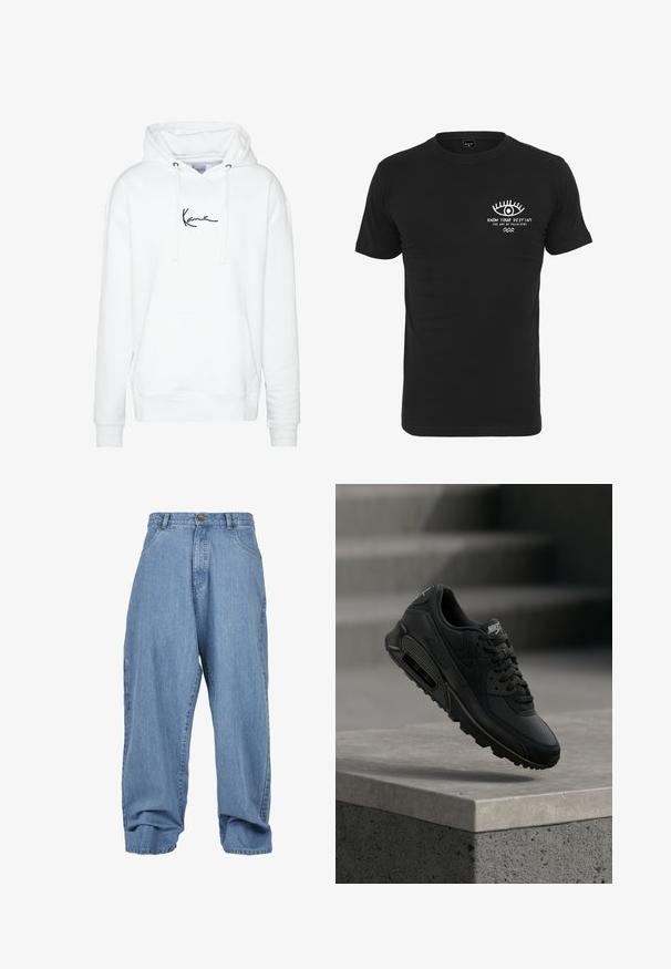 Hvid hættetrøje lavet af blødt materiale, med en frontlomme og et sort signaturlogo på brystet, justerbar snøre på hætten.; Sort bomulds t-shirt med et hvidt grafik af et øje og teksten "KEND DIN SKÆBNE PALMENS KUNST" på brystet. Korta ærmer, rund hals.; Lysblå denimbukser med løst fit, knaplukning, forlommer og cuffed kant, der har et klassisk fem-lomme design.; Sort Nike Air Max 90 sneaker har et kombineret materiale af læder og mesh, runde snørebånd og en synlig air-enhed i sålen.