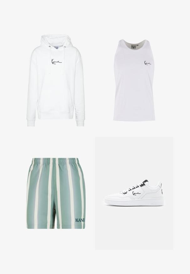 Witte hoodie gemaakt van zachte stof, met een voorzak en een zwart handtekeninglogo op de borst, verstelbare trekkoord capuchon.; Witte katoenen tanktop met een geribbelde textuur; heeft een zwart geborduurd logo op het linkerborstgebied. Klassiek mouwloos ontwerp.; Mintgroene zwemshorts met witte verticale strepen. Voorzien van een elastische tailleband en een geborduurd 'KANI' logo in donkergroen. Gladde textuur.; Witte leren sneaker met zwarte accenten, voorzien van een handtekeninglogo aan de zijkant, ronde neus en een textuur rubberen zool.