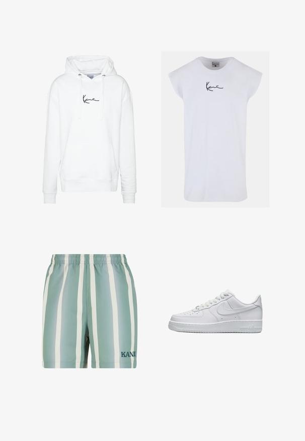 Sudadera blanca hecha de un tejido suave, con un bolsillo frontal y un logo negro en el pecho, capucha ajustable con cordón.; Karl Kani SMALL SIGNATURE TEE - Top - white; Bañadores de color verde menta con rayas verticales blancas. Cuentan con una cintura elástica y un logo bordado de 'KANI' en verde oscuro. Textura suave.; Zapatilla Nike Air Force 1 de perfil bajo completamente blanca, con puntera perforada, cierre de cordones y el logo de Nike en relieve en el lateral.