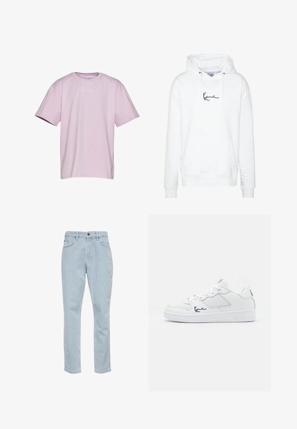 Hvid hættetrøje lavet af blødt materiale, med en frontlomme og et sort signaturlogo på brystet, justerbar snøre på hætten.; Lavendel kortærmet t-shirt lavet af bomuld, med et hvidt logo på brystet, afslappet pasform og rund halsudskæring.; Lyseblå denimjeans med lige ben, fem lommer og metalknaplukning. Glat tekstur og let falmede detaljer.; Hvide sneakers lavet af syntetisk materiale med perforerede detaljer, flade snørebånd, en tekstureret sål og et marineblåt logo på siden og hælen.