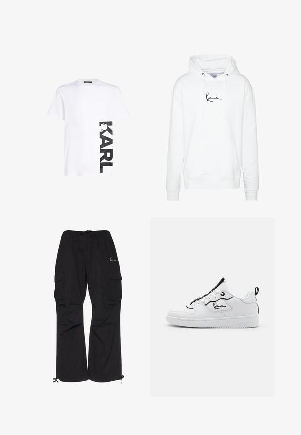 Hoodie blanc en tissu doux, doté d'une poche avant et d'un logo noir sur la poitrine, avec une capuche à cordon de serrage réglable.; T-shirt en coton blanc avec un grand logo noir imprimé "KARL" sur le côté gauche, manches courtes et encolure classique.; Pantalons cargo noirs en tissu léger, dotés d'une taille élastique avec cordon de serrage, de poches latérales et de poignets ajustables.; Baskets blanches avec une tige en cuir lisse, accents noirs, logo signature sur le côté, bout rond et lacets contrastés.