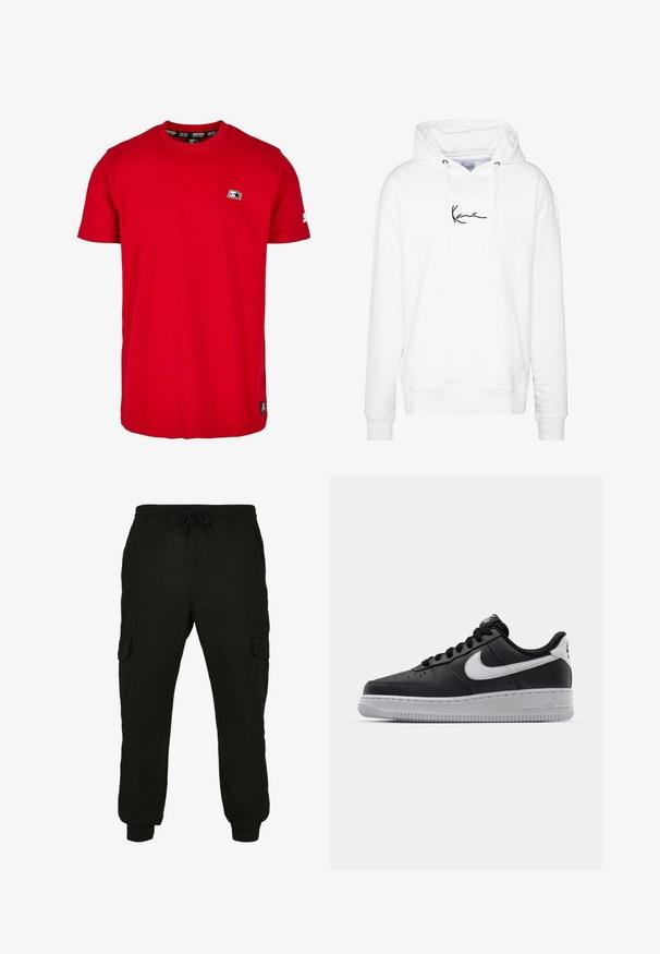 Hvid hættetrøje lavet af blødt materiale, med en frontlomme og et sort signaturlogo på brystet, justerbar snøre på hætten.; Rød bomulds t-shirt med rund hals, korte ærmer og et lille sort logo på venstre bryst og ærme. Glat, ensfarvet stof.; Sorte cargo bukser lavet af blødt stof, med elastisk talje og snøre, sidelommer og smalle manchetter.; Sort lædersneaker med tekstureret overflade, hvid Nike swoosh, grå sål, rund tå og snørebåndsdesign. Har perforeringer på tåboksen.