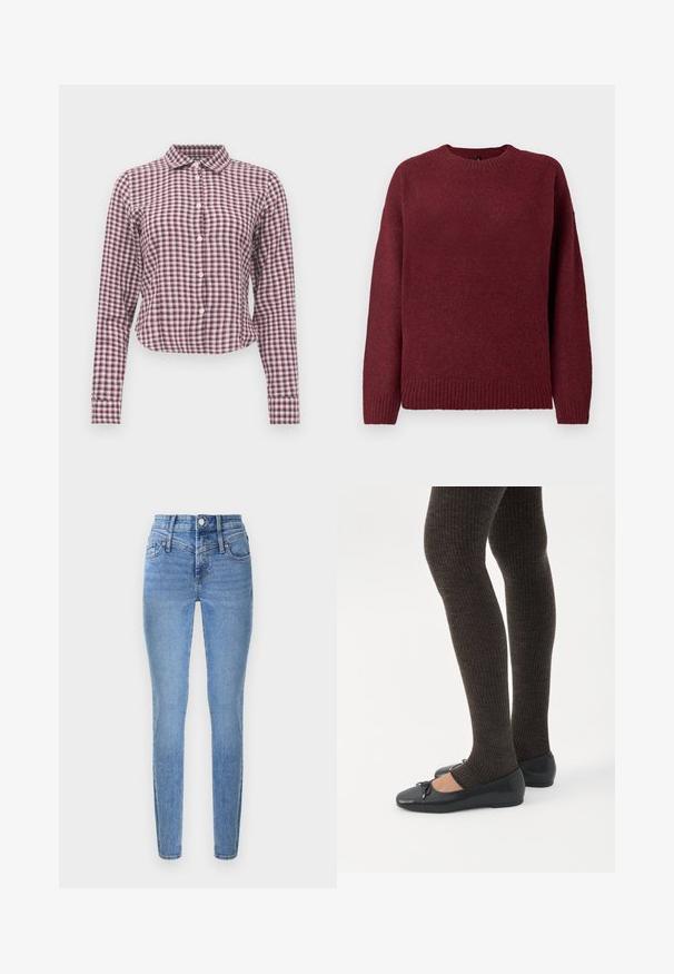 Pull bordeaux à col rond, à manches longues, avec un ourlet et des poignets côtelés, fabriqué en tissu doux et texturé, idéal pour le layering.; Chemise à manches longues à boutons avec un motif à carreaux rose et violet. Caractéristiques : col, ourlet arrondi et texture de tissu douce.; Jean skinny en denim bleu clair avec une taille haute, deux poches avant et une braguette zippée. Présente une texture lisse et un léger effet délavé.; Jambes portant des leggings côtelés foncés associés à des ballerines noires avec de petits détails en nœud sur fond blanc.