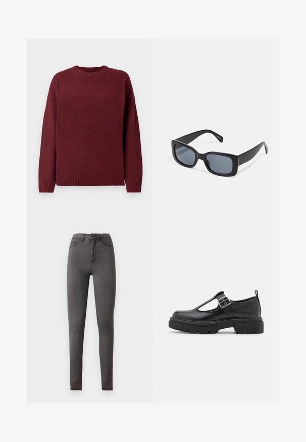 Bordeaux sweater med rund halsudskæring, lange ærmer, ribbet kant og manchetter, lavet af blødt, struktureret stof der er velegnet til lag-på-lag.; Høj talje, slim fit mørkegrå denim jeans med for- og baglommer, knaplukning og synlige syningsdetaljer.; Sort faux lædersko med krokodillestruktur, rund tå, ankelstrop med metalspænde og en kraftig gummisål.; Sorte rektangulære solbriller med mørkt tonede linser, tyk plastramme og brede stænger. Glat overflade og kantet design.