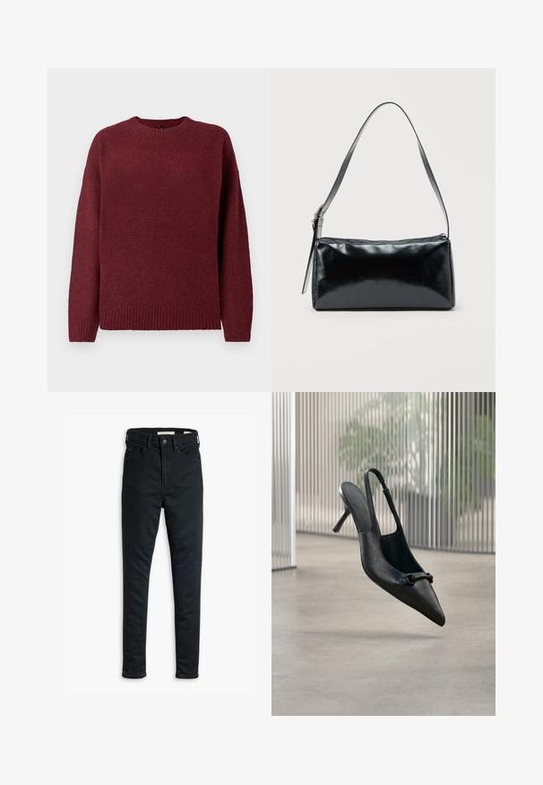 Bordeaux sweater med rund halsudskæring, lange ærmer, ribbet kant og manchetter, lavet af blødt, struktureret stof der er velegnet til lag-på-lag.; Sorte slim-fit jeans med frontknap og lynlås, bælteløkker samt for- og baglommer, præsenteret på en hvid baggrund.; Sort tekstureret læder slingback højhælet sko med spids tå og lille dekorativ spænde, svævende over en glat gulv.; Sort rektangulær skuldertaske med en enkelt justerbar rem og lynlås i toppen på en ensfarvet baggrund.
