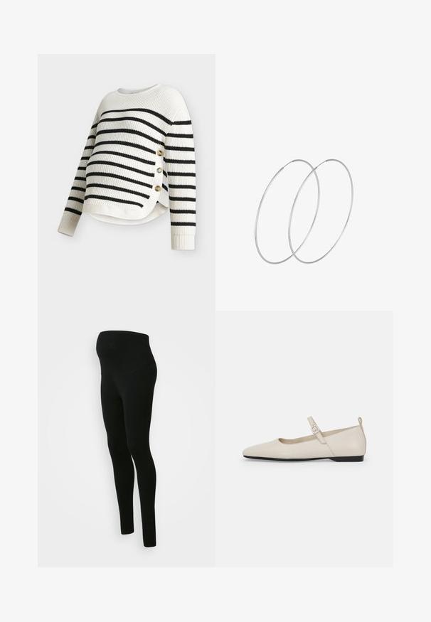 Hvid strikket sweater med sorte horisontale striber, rund hals, lange ærmer, sidedetalje med tre beige knapper.; Sorte graviditetsleggings med en høj, støttende talje, glat tekstur, tætsiddende design og ingen synlige mønstre eller udsmykninger.; Hvide ballerinasko i læder med spids tå, ankelsnor og lav sort hæl. Glat tekstur med minimale detaljer.; Sølvøreringe med et minimalistisk design. Cirkulær form, glat tekstur og tynd profil. Letvægtige med en poleret overflade.