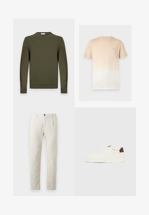 Olivengrøn rundhalset sweater med lange ærmer og ribstrikkede manchetter og kant, vist på hvid baggrund.; Kortærmet T-shirt med rund halsudskæring og beige til hvid gradient med lille rektangulært logo på venstre bryst.; Beige bomuldsbukser med lige ben, der har en enkelt sort knaplukning og to forlommer. Glat tekstur.; Hvid lav sko med cremefarvede snørebånd, en brun hæltab og gyldent "GANT"-logo på siden, vist i profil mod en ensfarvet baggrund.