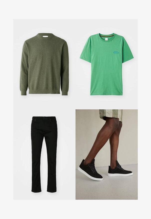 Oliven grøn strikket sweater med rund halsudskæring, ribbede manchetter og kant, samt et struktureret stofmønster; medium tykkelse og lange ærmer.; Grøn bomulds T-shirt med rund halsudskæring, korte ærmer og en lille blå tekstdetalje på venstre brystområde. Glat tekstur.; Sorte denim jeans med lige ben design, fem lomme-stil og knaplukning. Glat tekstur med subtile stikninger detaljer.; Sorte ruskinds sneakers med hvide gummisåler, med runde snørebånd, lav-top design og en glat overflade.