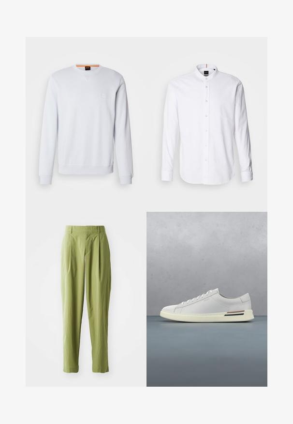 Sudadera blanca con mangas largas, cuello redondo y un discreto parche con el logo. Textura suave y puños y dobladillo acanalados para un ajuste ceñido.; Camisa blanca de manga larga con cuello de banda, cierre de botones en el frente y dobladillo redondeado. Hecha de algodón, presenta una textura suave y un brillo sutil.; Pantalones verdes claros hechos de una tela texturizada, con una forma recta, pliegues en la parte frontal y una cinturilla estándar.; Zapatilla de cuero blanco con punta redonda, cordones en la parte delantera, suela de goma crema y detalle en tono marrón. La superficie texturizada muestra un diseño minimalista.
