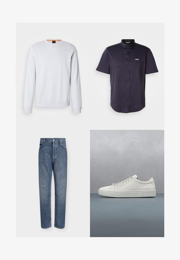 Sweat-shirt blanc à manches longues, col rond, avec un logo discrètement brodé. Texture lisse et poignets et ourlet côtelés pour un look ajusté.; Polo à manches courtes, bleu marine foncé, en mélange de coton lisse, avec un col boutonné et un logo "BOSS" brodé sur la poitrine.; Jean droit en denim bleu avec taille haute, fermeture à boutons sur le devant et design à cinq poches sur un fond clair uni.; Baskets en cuir blanc avec un bout arrondi, design minimaliste, lacets gris et semelle en caoutchouc gris texturé. Détails de couture subtils visibles.