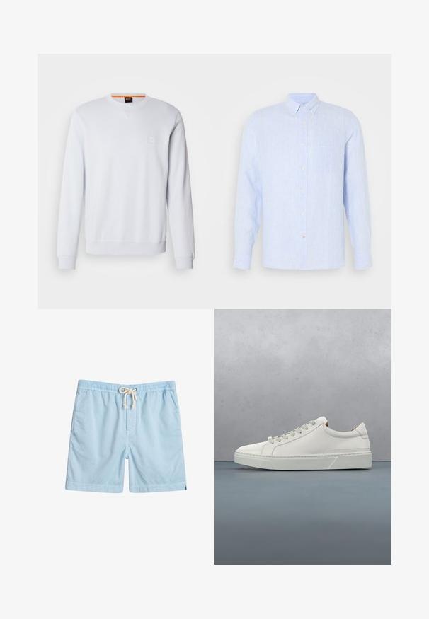 Sudadera blanca con mangas largas, cuello redondo y un discreto parche con el logo. Textura suave y puños y dobladillo acanalados para un ajuste ceñido.; Camisa de botón azul claro hecha de tela texturizada, con cuello, mangas largas, un bolsillo en el pecho y un sutil patrón de rayas.; Bañador azul claro de tejido suave, con cintura elástica, bolsillos frontales y cordón de ajuste para mayor comodidad.; Zapatilla blanca de cuero con punta redondeada, diseño minimalista, cordones grises y suela de goma texturizada gris. Detalles de costura sutiles visibles.