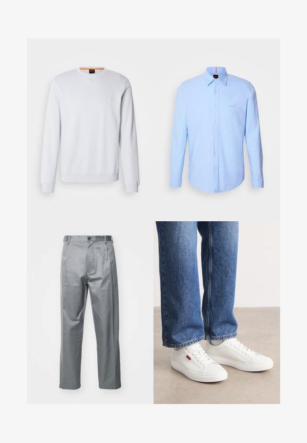 Sweat-shirt blanc à manches longues, col rond, avec un logo discrètement brodé. Texture lisse et poignets et ourlet côtelés pour un look ajusté.; Chemise à manches longues bleu clair en coton, dotée d'un col button-down, d'une fermeture à boutons à l'avant et d'une broderie logo discrète sur la poitrine.; Pantalons en mélange de coton gris à coupe droite, avec une fermeture à bouton sur le devant, des passants de ceinture et des poches latérales.; Baskets blanches avec une surface lisse, un bout rond et une semelle plate. Accompagnées d'un jean en denim bleu avec une coupe droite et des coutures visibles.