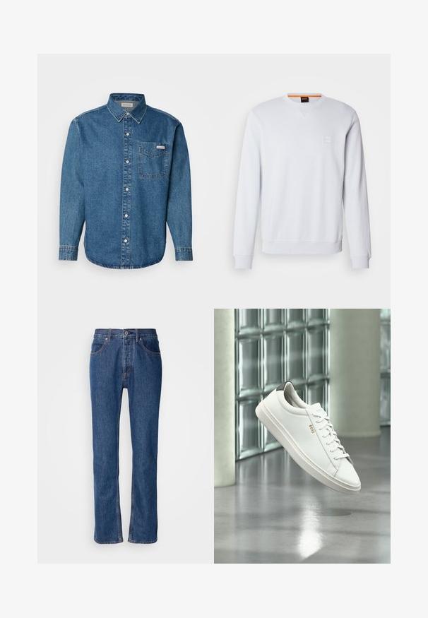 Valge dressipluus pikkade varrukatega, ümmarguse kaeluse ja diskreetse logoga. Sile tekstuur ning soonikkoes mansetid ja alläär, et saavutada istuv välimus.; Sinine denim'ist pikkade varrukatega särk, millel on nööbid alla, rinnaeet ja kontrastne õmblus. Kanga tekstuur on sile ja stiil on juhuslik.; Sinine denimist valmistatud sirge lõikega teksad, viie-tasku disainiga ning kergete õmblustega. Omab lukuga esiotsa ja nupuga kinnitust.; Valge nahast madala säärega tenniskingad paeltega, must kannaosa ja "BOSS" logo, hõljuvad siseruumis klaasplokkidest seina ja läikiva põranda lähedal.
