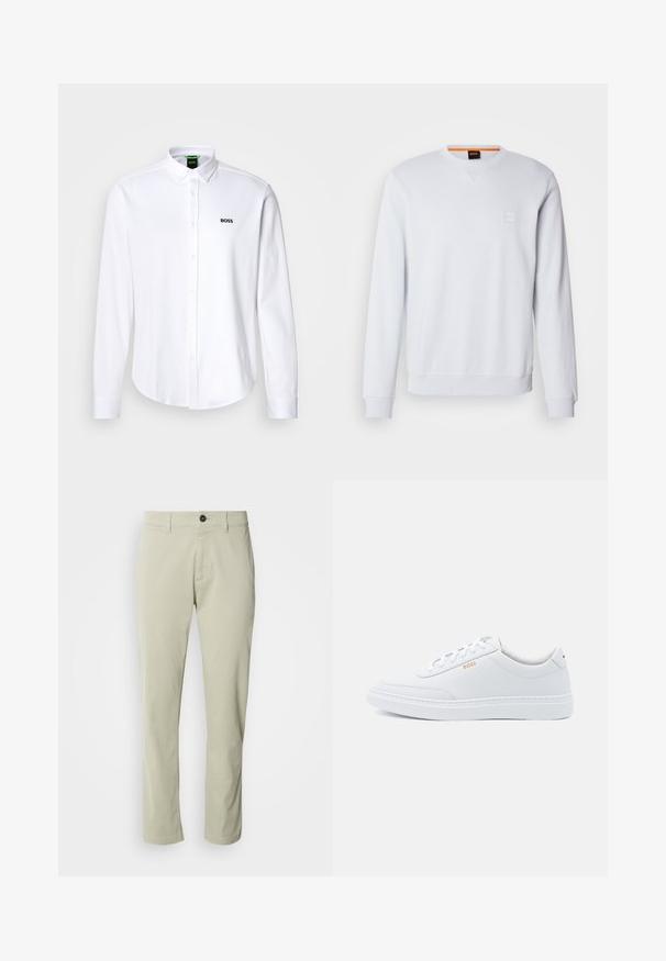 Hvid sweatshirt med lange ærmer, rund halsudskæring og diskret logo-patch. Glat tekstur og ribbede manchetter og kant for et tætsiddende look.; Hvid skjorte med knapper lavet af bomuld, med en klassisk krave og et diskret broderet logo på venstre bryst. Glat tekstur.; Beige bomulds chinos med lige snit, lynlås og en enkelt knaplukning. Har bæltestropper og en glat tekstur.; Hvide lædersneakers med glat tekstur, rund tå og ton-i-ton syning. Har blå snørebånd og et gult logo på siden.