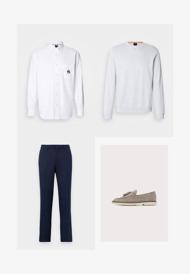 Weißes Sweatshirt mit langen Ärmeln, rundem Halsausschnitt und dezentem Logo-Patch. Glatte Textur sowie gerippte Bündchen und Saum für einen figurnahen Look.; Weißes Langarm-Hemd mit Knöpfen und Knopfkragen, Fronttasche mit einem kleinen bestickten braunen und schwarzen "B"-Logo.; Marineblaue maßgeschneiderte Hose mit Gürtelschlaufen, Reißverschluss vorne und geradem Bein, vor einem schlichten weißen Hintergrund.; Hellbrauner Wildleder-Slipper mit Quasten, niedriger beiger Sohle und „BOSS“-Logo im Fersenbereich, seitlich auf weißem Hintergrund gezeigt.