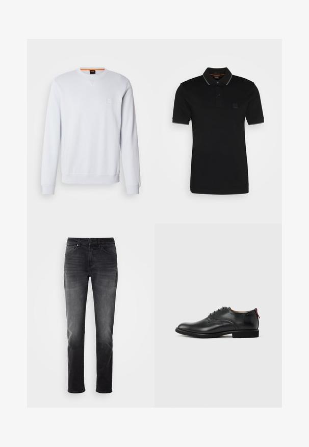 Witte sweatshirt met lange mouwen, ronde hals en subtiele logo patch. Soepele textuur en geribbelde manchetten en zoom voor een aangesloten look.; Zwarte poloshirt gemaakt van katoen, met een kraag met grijze accenten, twee knopen en een klein merklabel op de borst.; Zwarte denim jeans met een recht gesneden pijp. Kenmerken zijn een knoop- en ritssluiting, vijf zakken en subtiele vervaging op de stof.; Zwarte leren herenschoen met vetersluiting en rood trekfolie op de hiel tegen een effen achtergrond.
