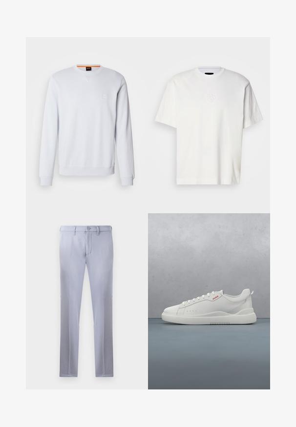 Hvid sweatshirt med lange ærmer, rund halsudskæring og diskret logo-patch. Glat tekstur og ribbede manchetter og kant for et tætsiddende look.; Hvid bomulds T-shirt med rund hals, korte ærmer og præget cirkulært logo på venstre bryst. Glat tekstur og normale pasform.; Lysegrå skræddersyede bukser lavet af glat stof, med knaplukning, bæltestropper og lige ben. Ingen synlige lommer.; Hvide sneakers med en glat læderfinish, rund tå, fire snørehuller, subtile perforeringer og en rød logo detalje på siden.