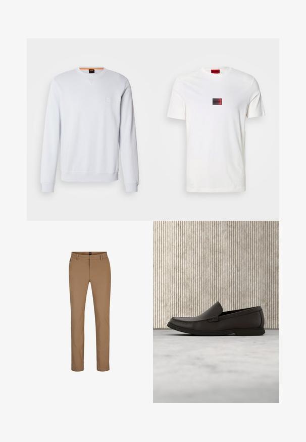 Weißes Sweatshirt mit langen Ärmeln, rundem Halsausschnitt und dezentem Logo-Patch. Glatte Textur sowie gerippte Bündchen und Saum für einen figurnahen Look.; Weißes Baumwoll-T-Shirt mit kleinem rechteckigem Logo in Rot und Schwarz, mittig auf der Brust platziert. Kurzarm, Rundhalsausschnitt.; Hellbraune Hosen aus Baumwollmischung mit geradem Bein, Fronttaschen und Zip-Fly. Minimale Beschläge und keine sichtbaren Muster.; Dunkelbrauner Leder-Slipper mit weißer Gummisohle und gesteppten Details, seitlich auf neutralem Hintergrund dargestellt.