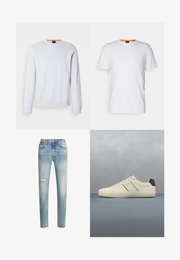 Sudadera blanca con mangas largas, cuello redondo y un discreto parche con el logo. Textura suave y puños y dobladillo acanalados para un ajuste ceñido.; Camiseta de algodón blanca con cuello redondo, mangas cortas y un sutil logo en relieve en el pecho. La etiqueta interior tiene un acento naranja.; Jeans de mezclilla azul claro avec un acabado desgastado, detalle de rodilla rasgada, corte recto y estilo de cinco bolsillos. Incluye presillas para el cinturón clásicas.; Zapatillas de color crema con una textura suave, que presentan acentos y marcas en negro. Diseño clásico de cordones con punta redonda y suela de goma.