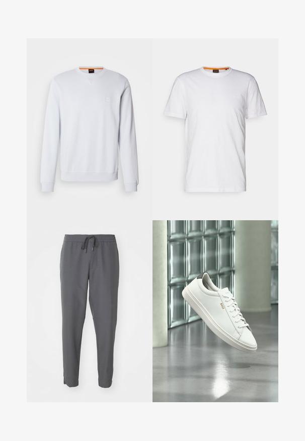 Hvid sweatshirt med lange ærmer, rund halsudskæring og diskret logo-patch. Glat tekstur og ribbede manchetter og kant for et tætsiddende look.; Hvid bomulds T-shirt med rund hals, korte ærmer og et subtilt præget logo på brystet. Indvendigt mærke har en orange detalje.; Grå joggebukser lavet af glat stof, med elastisk talje og snøre, tætsiddende ben og sidelommer.; Hvid læder lav-top sneaker med snørebånd, sort hælflig og "BOSS"-logo, svævende indendørs nær glasblok væg og poleret gulv.