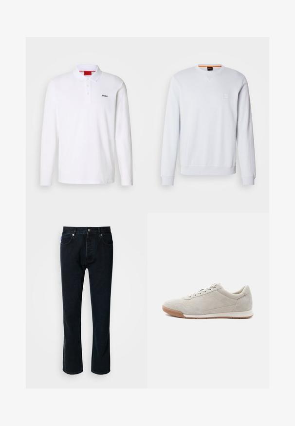 Witte sweatshirt met lange mouwen, ronde hals en subtiele logo patch. Soepele textuur en geribbelde manchetten en zoom voor een aangesloten look.; Witte lange mouwen polo-shirt gemaakt van katoen, met een kraag, een drie-knops sluiting en een zwart "HUGO" logo op de linkerborst.; HUGO JONAH - Straight leg jeans - dark blue; Lichtbeige suède sneaker met witte veters, rubberen zool en subtiele stikseldetails, getoond vanaf de linkerkant op een witte achtergrond.