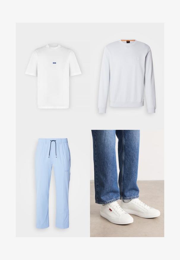 Hvid sweatshirt med lange ærmer, rund halsudskæring og diskret logo-patch. Glat tekstur og ribbede manchetter og kant for et tætsiddende look.; Hvid t-shirt med kortærmet rund hals og et lille blåt rektangulært "HUGO" logo centreret på brystet.; Lyseblå, letvægtige joggerbukser med elastisk talje, snørrebånd og diskrete sidelommer. Har brandlogo på højre ben.; Hvide sneakers med en glat overflade, rund tå og flad sål. Accompaneret af blå denim jeans med en lige pasform og synlige sømme.