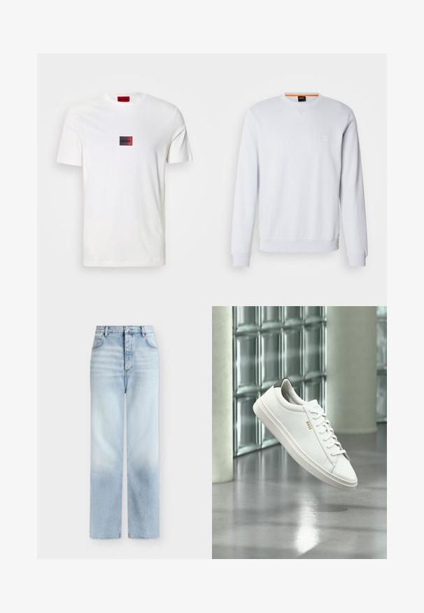 Sweat-shirt blanc à manches longues, col rond, avec un logo discrètement brodé. Texture lisse et poignets et ourlet côtelés pour un look ajusté.; T-shirt blanc en coton avec un petit logo rectangulaire rouge et noir centré sur la poitrine. Manches courtes, col rond.; Jeans bleu clair taille haute à jambes droites, avec poches avant, passants de ceinture et fermeture par bouton.; Baskets basses en cuir blanc avec lacets, languette de talon noire et logo « BOSS », flottant à l'intérieur près d'un mur en blocs de verre et d'un sol poli.