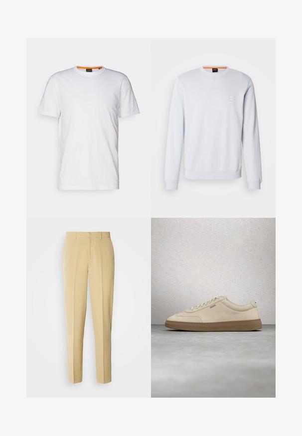 Witte sweatshirt met lange mouwen, ronde hals en subtiele logo patch. Soepele textuur en geribbelde manchetten en zoom voor een aangesloten look.; Witte katoenen T-shirt met ronde hals, korte mouwen en een subtiel reliëflogo op de borst. Het binnenlabel heeft een oranje accent.; Beige pantalon met rechte pasvorm, platte voorkant en zijzakken. Gemaakt van een gladde stof met een lichte glans.; Lichtbeige suède sneaker met een zool van gumrubber, opvallende veters en subtiele stikdetails. Strak ontwerp met een minimalistische uitstraling.