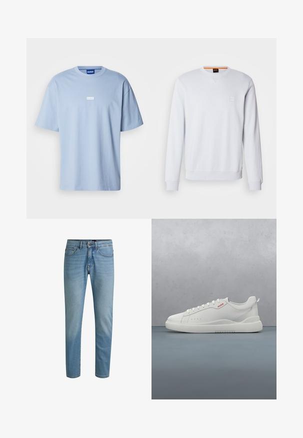 Hvid sweatshirt med lange ærmer, rund halsudskæring og diskret logo-patch. Glat tekstur og ribbede manchetter og kant for et tætsiddende look.; Lyseblå kortærmet t-shirt lavet af bomuld, med rund hals og et hvidt rektangulært logo i midten foran.; Lyseblå denimjeans med lige ben, design med fem lommer og let falmning. Har knaplukning og bæltestropper.; Hvide sneakers med en glat læderfinish, rund tå, fire snørehuller, subtile perforeringer og en rød logo detalje på siden.