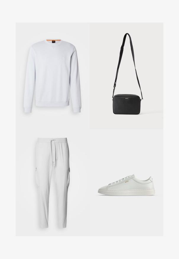 Hvid sweatshirt med lange ærmer, rund halsudskæring og diskret logo-patch. Glat tekstur og ribbede manchetter og kant for et tætsiddende look.; BOSS URBANEX - Cargobukser - light pastel grey; Hvid lavtop lædersneakers med snørebånd, flad sål og lille gyldent "BOSS" logo på siden, set fra ydersiden.; Sort rektangulær crossbody taske med justerbar rem og BOSS-logo foran, sat mod en ensfarvet lys baggrund.