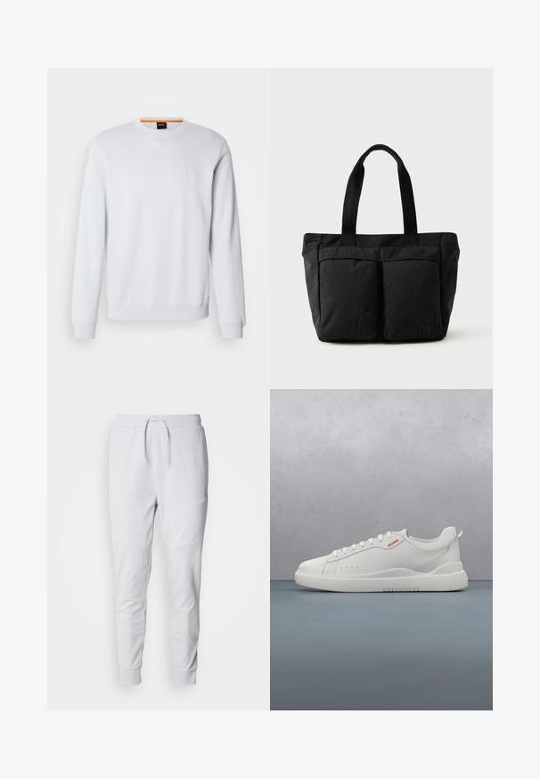 Weißes Sweatshirt mit langen Ärmeln, rundem Halsausschnitt und dezentem Logo-Patch. Glatte Textur sowie gerippte Bündchen und Saum für einen figurnahen Look.; Weiße Jogginghosen aus weichem Stoff, mit einem elastischen Bund und Kordelzug, zwei Seitentaschen und gerippten Bündchen an den Knöcheln.; Weiße Sneaker aus glattem Leder, runde Spitze, vier Ösen, dezente Perforationen und ein rotes Logodetail an der Seite.; Schwarze Tragetasche aus weichem Stoff, mit zwei vorderen Taschen und stabilen Tragegriffen. Logo an der Seite angebracht. Einfaches, funktionales Design.
