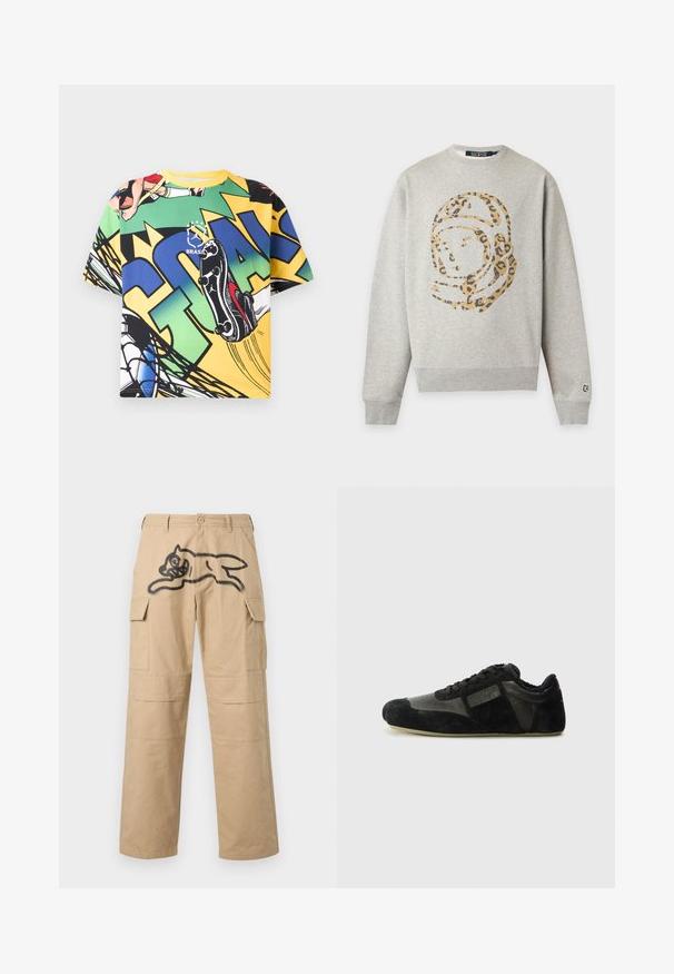 Sweat-shirt gris clair avec un motif de casque d'astronaute imprimé léopard beige et noir sur le devant.; T-shirt avec un design de football coloré style bande dessinée, avec un joueur frappant un ballon, un filet et un grand texte « GOAL » en bleu et jaune.; Pantalon cargo beige avec deux poches latérales, une coupe décontractée et un graphique noir imposant représentant une silhouette sautillante à l'avant.; Baskets noires en suède et cuir. Présentent un profile bas, un bout arrondi, un design à lacets et des accents texturés. Les semelles ont une texture antidérapante.