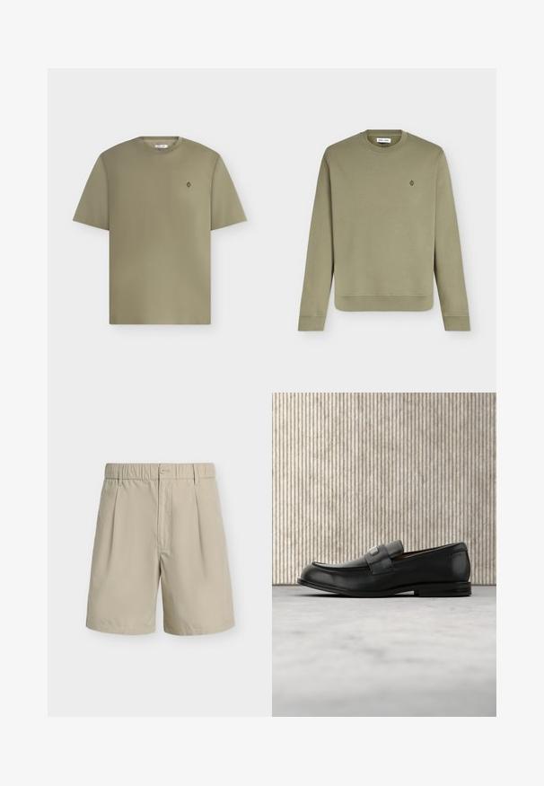Sweat-shirt vert olive clair à manches longues et col rond, avec poignets et ourlet côtelés, avec un petit logo circulaire sur la poitrine gauche.; T-shirt uni vert olive à manches courtes avec col rond et petit logo circulaire sur la poitrine gauche, sur fond neutre.; Short beige pour homme avec taille élastique, fermeture par bouton, passants de ceinture, plis à l’avant et ourlet droit sur fond blanc.; Mocassin en cuir noir avec une plaque de marque en métal reposant près d'une table ronde marron sur un sol recouvert de moquette beige.