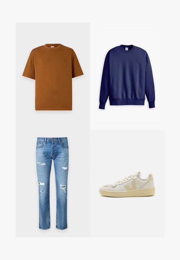 Tumesinine puuvillane särk, millel on ümar kaelus, ribitud varrukaotsad ja alläär. Rinna kohal on väike, toon-toonis Levi's logo. Sile tekstuur.; Pruun lühikeste varrukatega T-särk, mis on valmistatud pehmest kangast, ümmarguse kaelusega ja lõdvema istuvusega, sirge äärisega. Ilma nähtavate mustrite või aksessuaaredeta.; Heledad sinine denim püksid otse lõikega, millel on mitu kulunud ala ja frayed detailid põlvedel. Vaskaktsendid.; Bežid spordijalatsid tekstuuriga võrgusilma varbaga, siledast nahast ülemine osa ja kontrastsed logo aktsendid. Lame kummist sisetald stiilse disainiga.