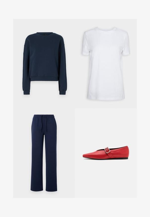 Navyblauwe sweatshirt van zacht materiaal, met een ronde hals, lange mouwen en geribbelde manchetten en zoom. Eenvoudig ontwerp zonder versieringen.; Effen wit T-shirt met korte mouwen en ronde hals, normale pasvorm en een klein label aan de binnenkant van de hals met de tekst "SELECTED FEMME."; Navyblauwe sweatpants van zachte katoen, met een elastische tailleband met een trekkoord, zijzakken en een recht gesneden ontwerp.; Rode leren platte schoen met een spitse neus, voorzien van een zijkant band met een metalen gesp en een lage zwarte hak. Gladde textuur overal.